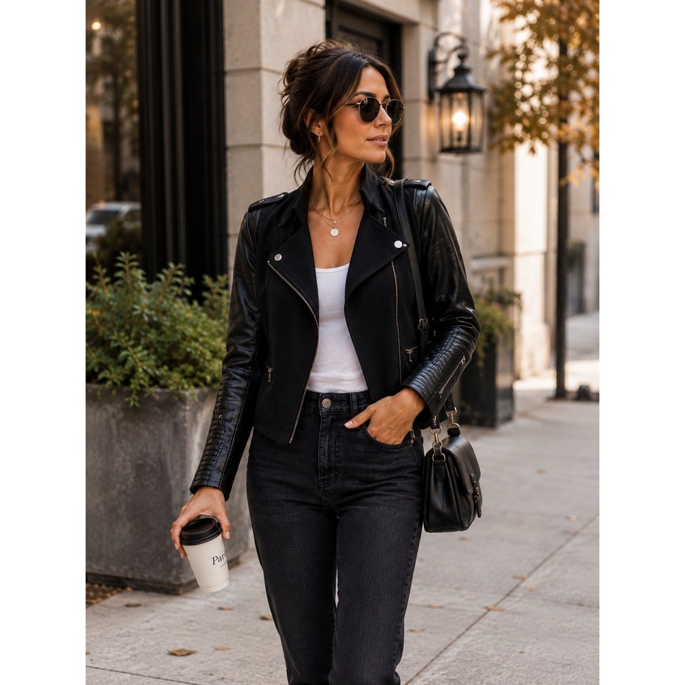 BCBGMAXAZRIA Women M Black Leather Sleeve Moto Jacket Mixed Media Biker